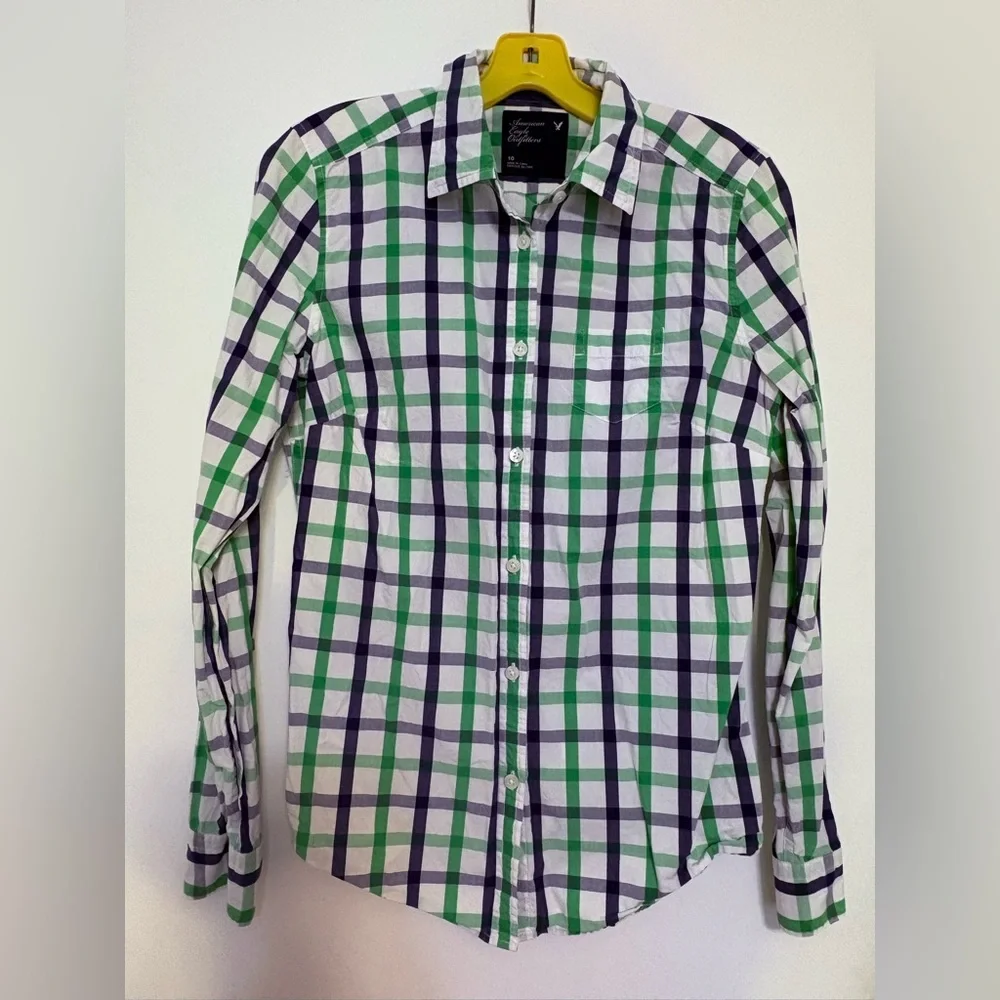 American Eagle Outfitters Blue White‎ Green Plaid Button Up Collared Shirt Sz 10